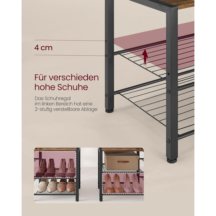 VASAGLE Coat Rack with Shoe Bench, Coat Rack, 5 Shelf Levels made of Particleboard, 9 Triple Hooks, 6 Side Hooks, 40 x 120 x 190 cm, Stone Gray-Ink Black HSR426B04 (Vintage Brown + Ink Black)