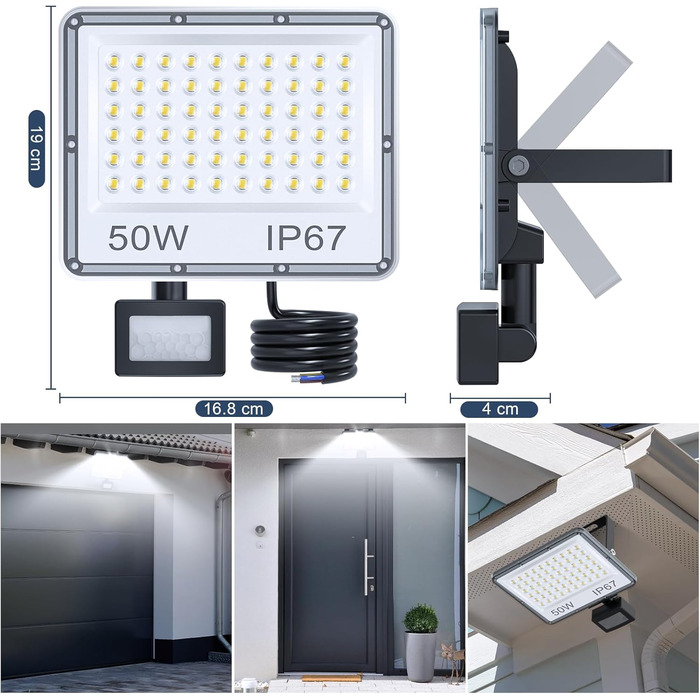 LED Floodlights with Motion Sensor Outdoor 100W 2 Pack, 10000LM LED Spotlights with Motion Sensor, 6500K Cool White Outdoor Floodlights, IP67 Waterproof Floodlights for Warehouse Garden Garage (50W-1PC)