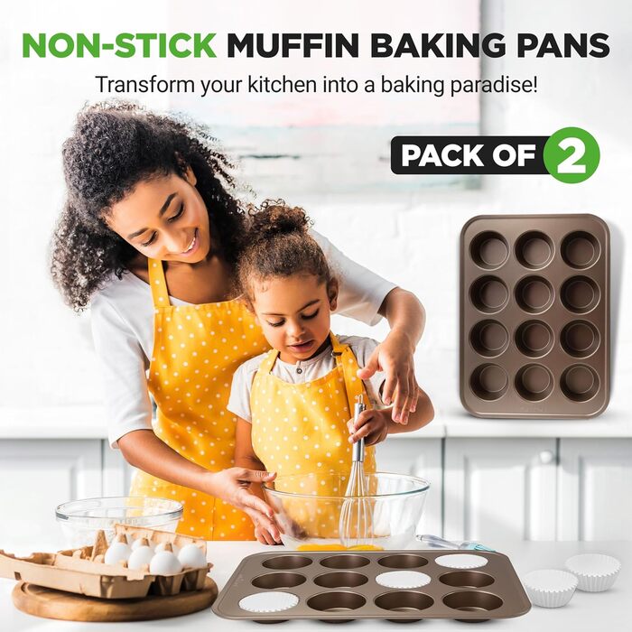 NutriChef 2-Piece Muffin Tin, Non-Stick Coated – PTFE-, PFOA-, PFOS & BPA-Free Muffin Tray – Muffin Sheet with 12 Cups, total 24 Pieces – Muffin Tin Made of Carbon Steel – Dishwasher Safe & with High Rim