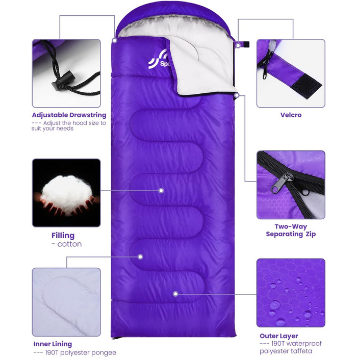 Спальний мішок Outdoor Sportneer для дорослих та дітей - легкий, портативний, для кемпінгу, походів, рюкзаків, 220x75см, фіолетовий