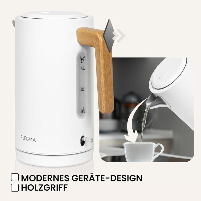 Електричний чайник ZEEGMA KETLEE 1.7L бездротовий, нержавіюча сталь, 2200W, для чаю та кави, автоматичне відключення, LED-дисплей, сучасний дизайн (білий)