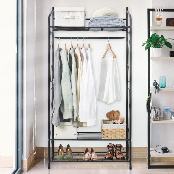 Metal Clothes Rack, Multifunctional Closet with 1 Clothes Rod and 3 Shelves, Coat Rack for Bedroom Dressing Room, 79×36×161cm