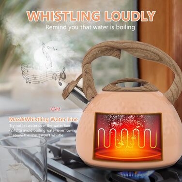 Чайник Harriet Teekessel для плити, 2,5 л, з флейтою, 5-шаровий, з нержавіючої сталі, з термостійкою ручкою, для газових та електричних плит, червоний, глянцевий (персиково-глянцевий)