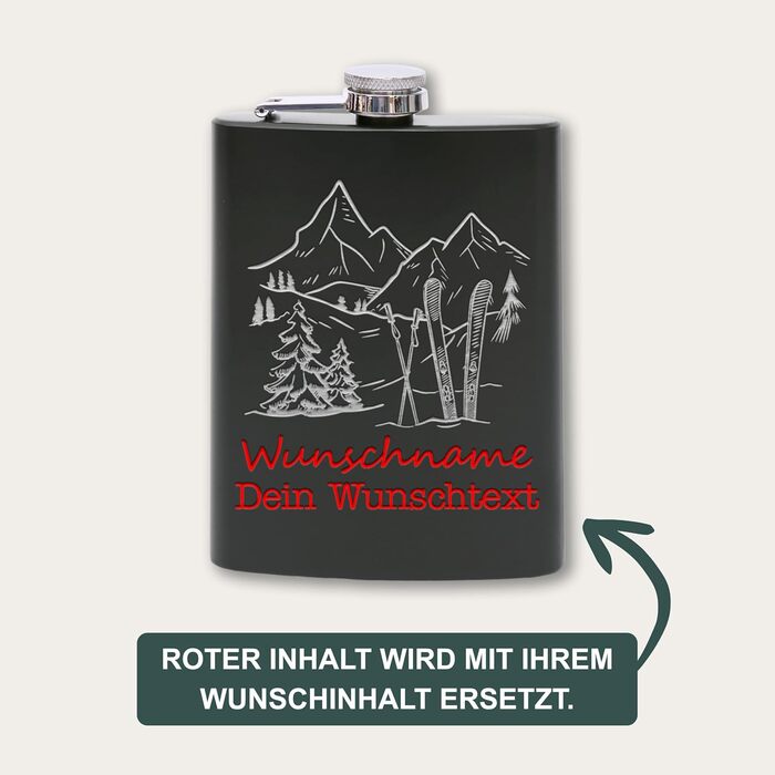 Фляга з нержавіючої сталі Flanacom з гравіюванням, 227мл / 8oz, для сноубордистів та любителів зимових видів спорту. Персоналізована фляга з індивідуальним гравіюванням (дизайн 1, чорний).