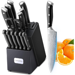 VINATO 14-Piece Knife Block Set with Sharpener - Damascus Pattern Kitchen Knife Set (Matte Black)