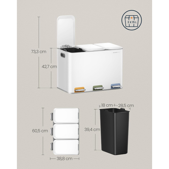 SONGMICS Відро для сміття кухонне, 3 відсіки по 15 л, з педалями, сортувальник сміття, з кришками та внутрішніми відрами, сталь, білий LTB740W02V1