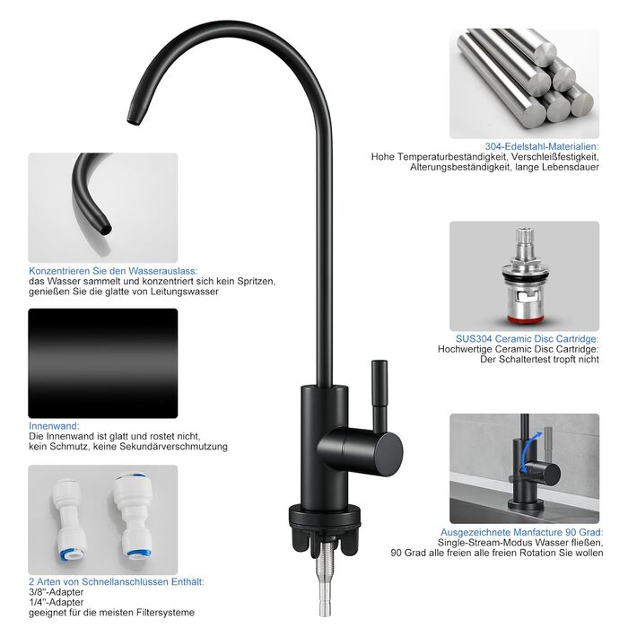 Чорний кухонний змішувач з витяжною системою 360° для фільтрів води, латунь