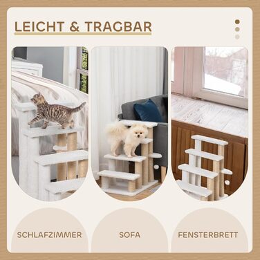 PawHut 3-Step Pet Stairs with Scratching Pillars, Ball, Dog Stairs, Pet Stairs for Cats up to 5 kg, Plush Jute, White, 45 x 40 x 48 cm (60L x 40W x 64H cm, White)