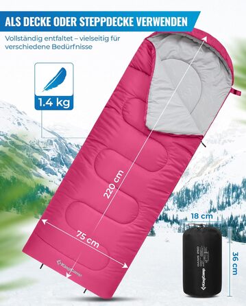 Сплячий мішок KingCamp Oasis для кемпінгу, 3-4 сезони, водовідштовхувальний, легкий, для дітей та дорослих, рожевий, Zip 220×75 см