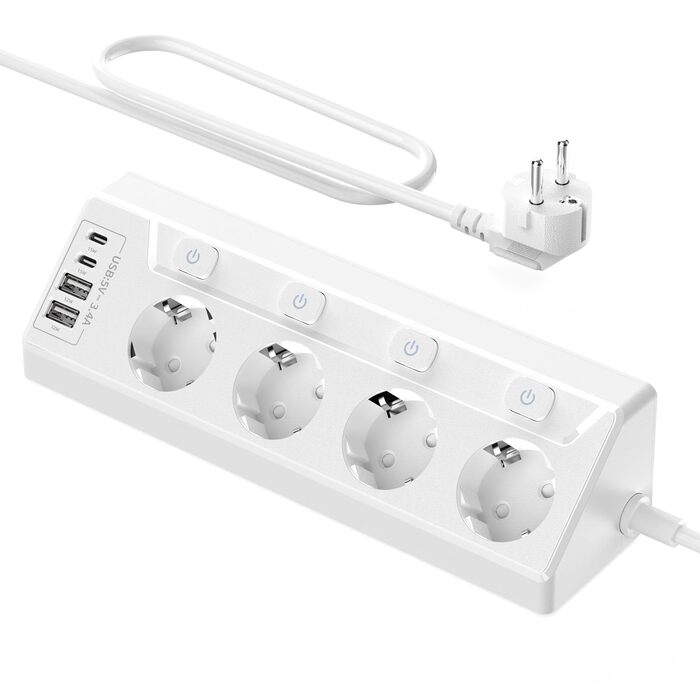 Многофункціональна мережева розетка з USB-C та захистом від перенапруги, 6 розеток, 2м кабель, 4000W, 16A, для кухні, дому, офісу (білий)