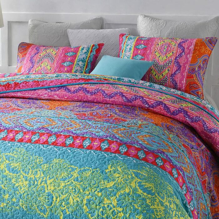 Qucover Boho Bedspread 220x240cm Duvet Cover for Double Bed Quilted Blanket with 2 Pillows Indian Style Boho-3 220x240cm+50x75cm x2