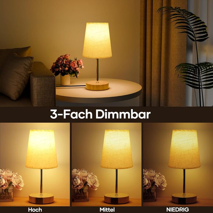 Нічна лампа Suright з торшером з льону, USB-портами A+C, регулюванням яскравості, дерев'яною основою, для спальні/вітальні (LED-лампочка в комплекті), Бежева