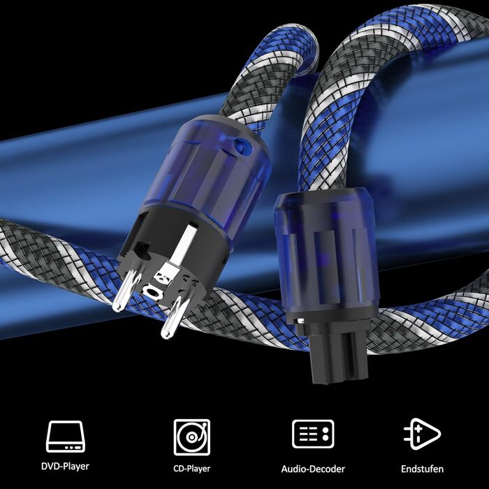 Hi-Fi мережевий кабель Monosaudio P037 1.5м, мідний екран OFC, 2-полюсний High-End кабель живлення AC з вилкою EU Schuko та роз'ємом IEC C15 для підсилювача, DVD, сабвуфера та декодера