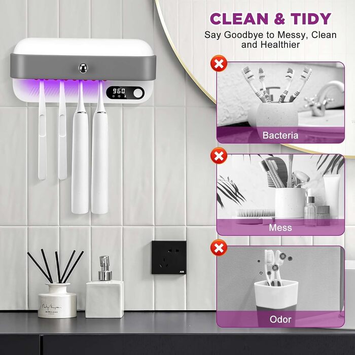 Bestcool Toothbrush Holder Wall Mount, UV Toothbrush Sterilizer with 4 Brush Slots, UVC Sterilization & Drying Electric Toothbrush Holder for Baby & Family, Bathroom Organizer