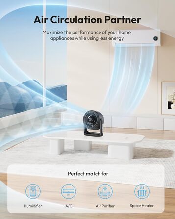 Настільний вентилятор Gaiatop з сенсорним керуванням, акумулятор 4000 мАг, 5 швидкостей, тихий міні-вентилятор з LED-дисплеєм, кут нахилу 90°, заряджається через USB-C, для офісу, спальні, дому, чорний