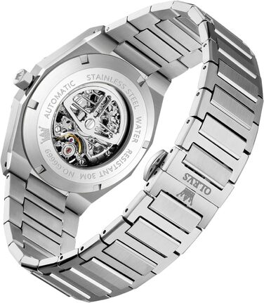 Чоловічий механічний годинник OLEVS Gold Skeleton з автопідзаводом, розкішний сталевий корпус з діамантами, водонепроникний, зі світлою індикацією (6669: Сріблястий)