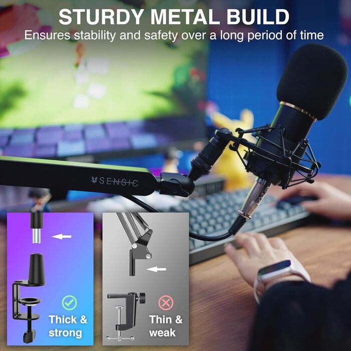 Мікрофонний тримач SENSIC SA-30 LP Low Profile з регульованим підлокітником, 360° обертання, для стрімінгу, інтегроване кабельне кріплення, універсальний, настільний