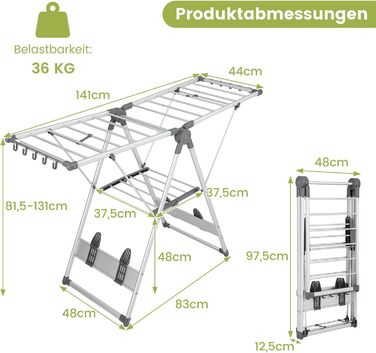 Стійка для сушіння білизни COSTWAY розкладна, сушилка для одягу висувна, з регульованою висотою та крилами, з полицею для взуття, для дому та вулиці (оновлена версія)