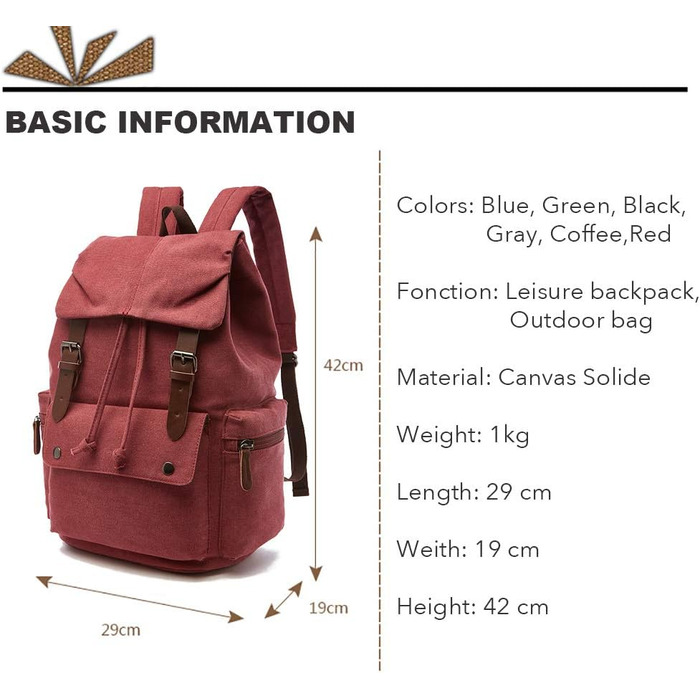 Canvas Backpack Vintage for Laptop Daypack Hiking Travel Large Capacity Bag Unisex (Red)