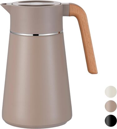 VETIN 1.5L Thermos Flask 304 Stainless Steel Double-Walled Vacuum Insulation, Coffee Pot Thermo with Wood-Look Handle, Insulated Carafe 10h Heat / 16h Cold (Khaki)