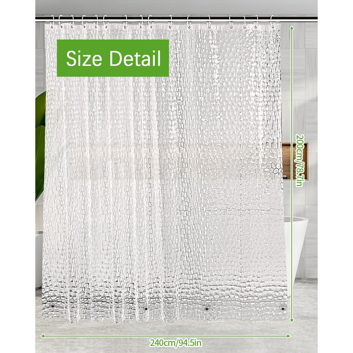 Шторка для душу OTRAKI 240 x 200 см, антигрибкова, EVA, водонепроникна, з кільцями, 3D, для ванної кімнати