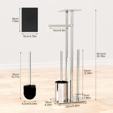 Stainless Steel Toilet Paper Holder with Brush & Shelf - Freestanding Toilet Roll Dispenser with Cover & Tray (Silver)