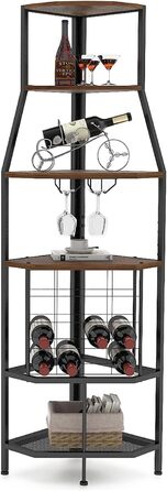 VEDECASA Corner Wine Rack Freestanding 5-Tier Corner Bar Shelf with Glass Holder and Wine Storage Industrial Wine Rack Wine Bar Cabinet for Kitchen Bar Cellar Dining Room vintage brown-black
