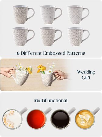 DOWAN Coffee Mug Set, 6 x 560 ml Porcelain Coffee Cups, Large Mugs with Embossed Pattern in Country House Style for Coffee, Milk, Tea & Hot Chocolate, Reactive White Mug Set
