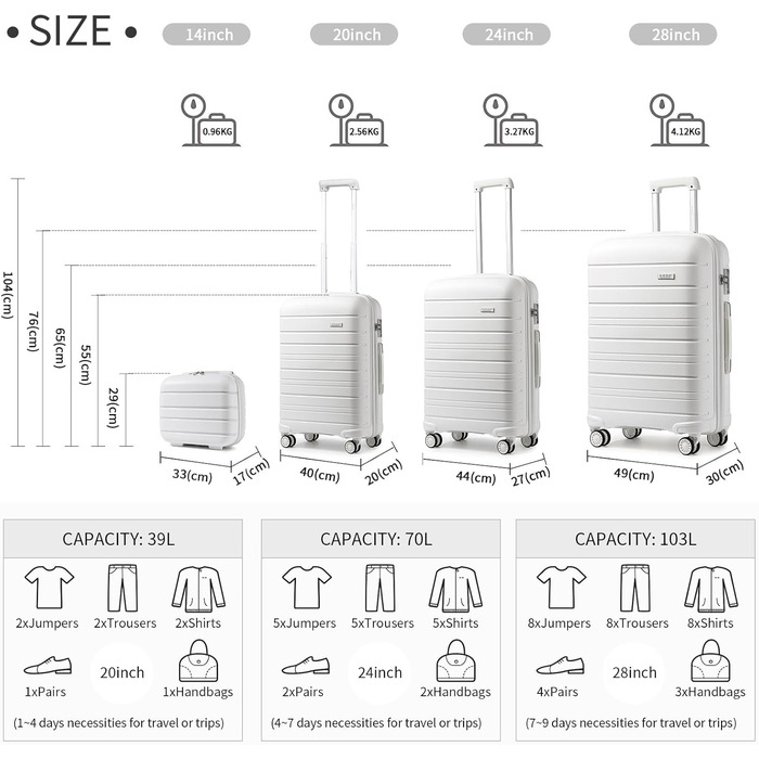 Валіза KONO Zwillingsrollen з TSA-замком, білий XL (76 см, 100 л)