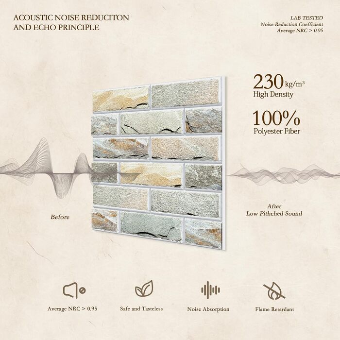 Акустичні панелі JBER самоклейні для звукоізоляції, шумопоглинаючі стінові панелі «Цегла» для студії, офісу та дому, 30 x 30 x 1 см, 12 шт, колір сірий (камінь)