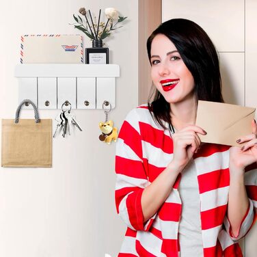 Дерев'яне ключниця з полицею, білий колір, 5 гачків, декоративна настінна полиця для прихожої, кухні, спальні