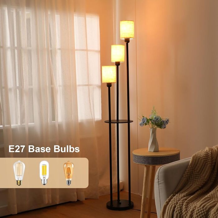 Стійка лампа Winverty для вітальні з полицею, 3 лампи, вінтажний стиль, чорний колір