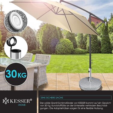 KESSER® Granit Parasol Stand with Stainless Steel Tube, High-Quality Round Base Stand 30KG - for Umbrella Poles up to 16-48 mm, Incl. Transport Handle Garden Balcony Parasol Stand, Grey
