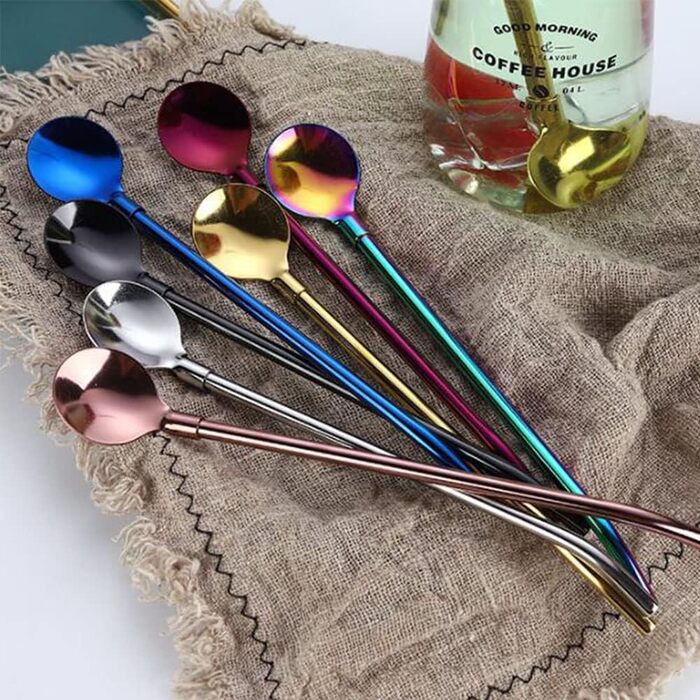 Багаторазові трубочки з нержавіючої сталі та ложки, набір 4 шт. з щіткою для чищення. Ідеально для кави, молочних коктейлів, смузі.