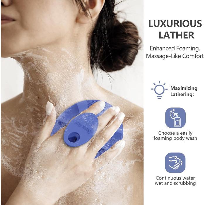 Силіконова щітка для тіла Beautail: м'який скраб для чутливої шкіри, для душу, з неслизькою ручкою, фіолетова