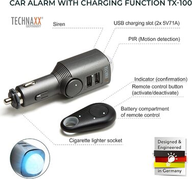 Сигналізація Technaxx TX-100 для авто, будинку, човна з датчиком руху, пультом, автозарядкою, 2x USB, 6 днів роботи, 110 дБ