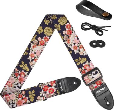 Гітарний ремінь Amumu з бавовни з вишивкою троянд та шкіряними кінцями для бас, електро та акустичної гітари, з фіксатором та блоками для ременя