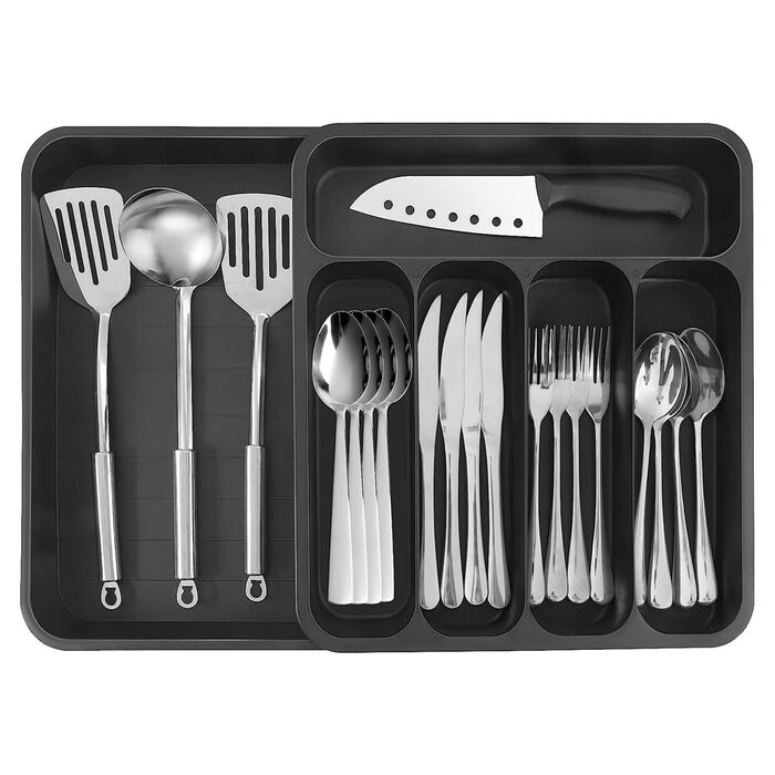 Органайзер для столових приладів висувний, 6 відділень, чорний пластик – регульоване кухонне зберігання для посуду та ножів