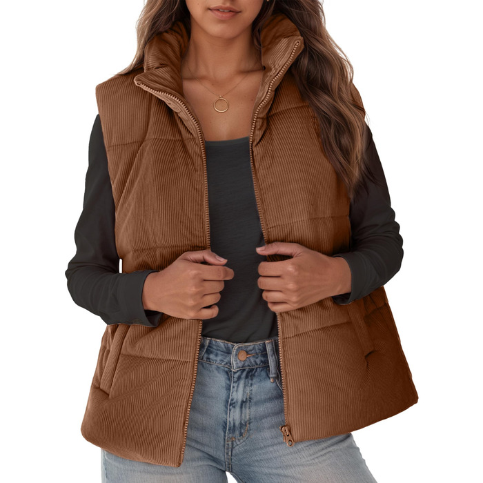 Жіноча тепла жилетка FEOYA на осінь/зиму з коміром-стійкою, без рукавів, коричневого кольору (XL)