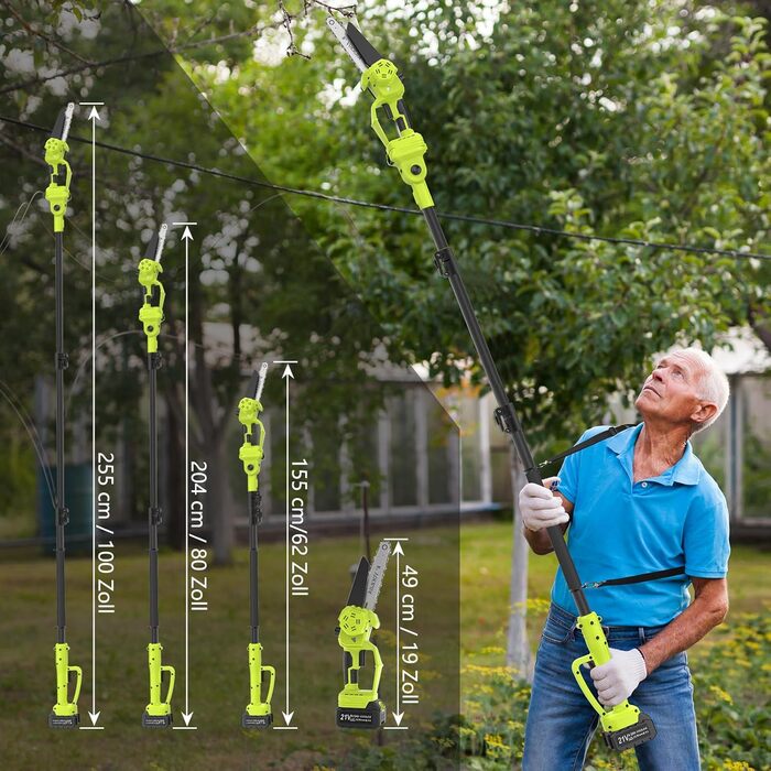 Акумуляторна висоторіз Kettensäge 2-в-1, 6/8 футів, телескопічна штанга, 2x4.0Ah акумулятор, автоматичне змащення, швидка заміна насадок, для обрізки дерев у саду