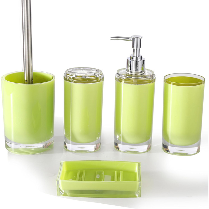 Acrylic Bathroom Accessories Set, Lotion/Soap Dispenser, Soap Dish, Toothbrush Holder, Tumbler, Toilet Brush and Holder, Modern Bathroom Decoration and Housewarming Gift Set, Orange, 5-Piece (Green-5)