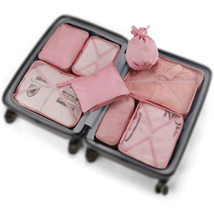 Органайзер для валізи: 8 комплектів, 7 кольорів. Набір для подорожей з водонепроникними мішками для взуття та компресійними мішками. Новий рожевий колір