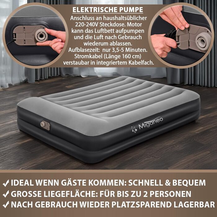 Надувне ліжко Miganeo Premium XL з електропомпою та антимікробним покриттям (203x152x46 см) | Макс. 300 кг