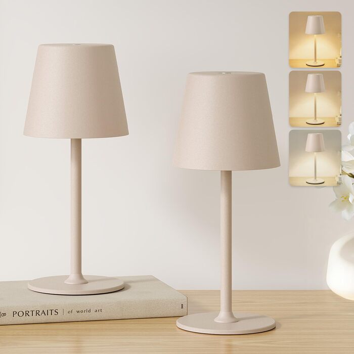 Настільна лампа бездротова LED акумуляторна (2 шт) - Рожево-бежева. Лампа на стіл, нічник, для офісу та вулиці, диммування, метал, IP54, 3 кольори світла