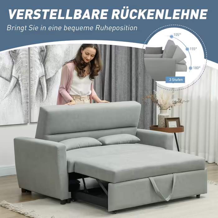 HOMCOM Sleeper Sofa, 2-Seater Sofa Bed with Sleeping Function, Adjustable Backrest, Couch with Cushions, Velvet Look, Sleeper Sofa with Storage Box for Living Room, Guest Room, Light Grey | Aosom
