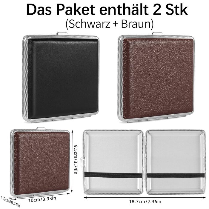 Чохол для сигарет зі шкіри та металу на 20 сигарет (3 шт.), шкіряна сигаретна коробочка, металева сигаретна коробка, 10 * 9.5 * 1.9 см (Чорний) (2 шт/Чорний+Коричневий)