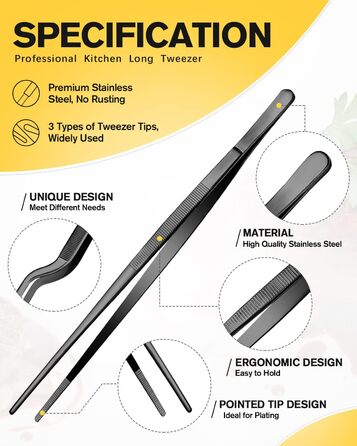 Набір кухонних пінцетів 10 дюймів, професійний, нержавіюча сталь, чорний. Для приготування, декорування та BBQ