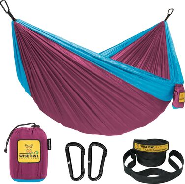 Wise Owl Outfitters Hammock for Camping, Single Hammocks, Outdoor Gear, Backpacking, Survival or Travel, Portable, Lightweight, Parachute Nylon, Blue and Gray (Fuchsia and Sky Blue, Double Bed)