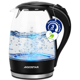 Електричний чайник Aigostar Adam, 1.7 л, 2200 Вт, LED, скло, без BPA, з фільтром від накипу, чорний