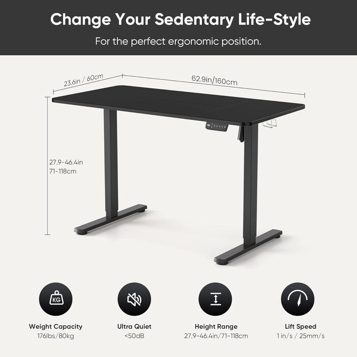 VOSATRON Electric Height Adjustable Desk 160x60cm - Standing Desk with Memory Control & Anti-Collision Technology, Wheels, Joining Board, Black Frame/Black Tabletop